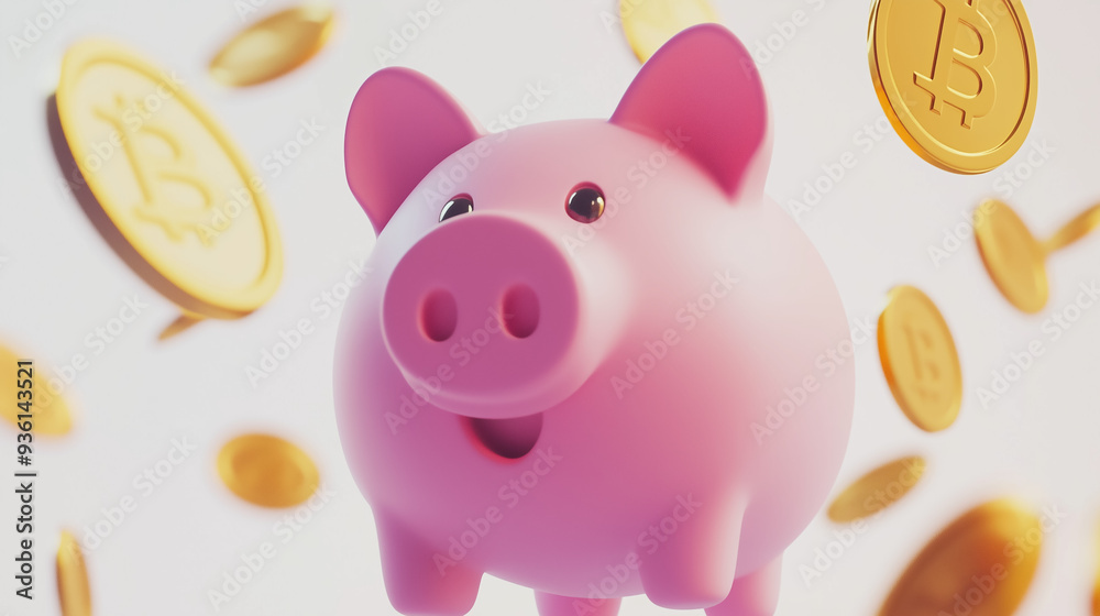 Pink Piggy Bank with Flying Coins Pink Piggy Bank with Flying Coins