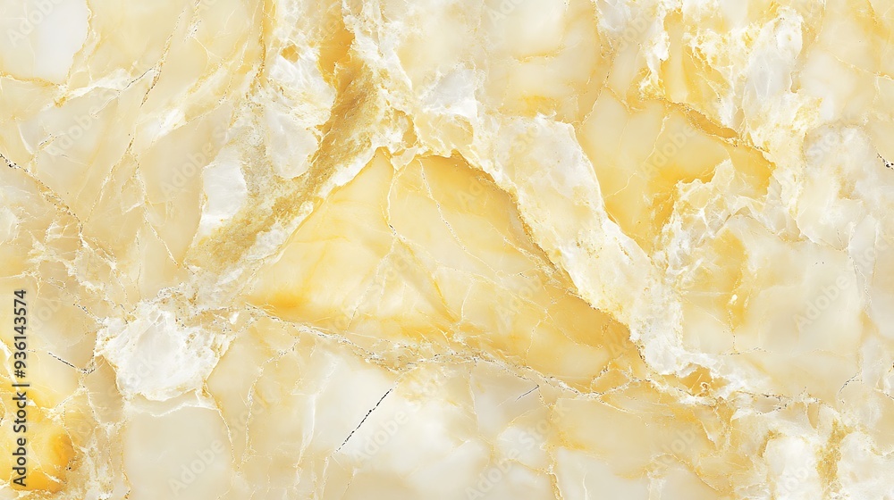 A close-up of a light yellow marble slab, showcasing intricate veins and patterns.