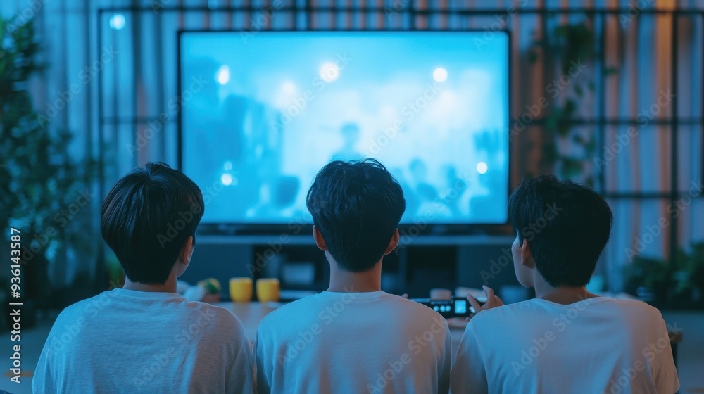 Fototapeta premium Three friends sit closely on a couch, watching an engaging movie together in a warm, cozy atmosphere at home