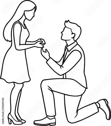 A man kneeling proposing to a womanline art illustration