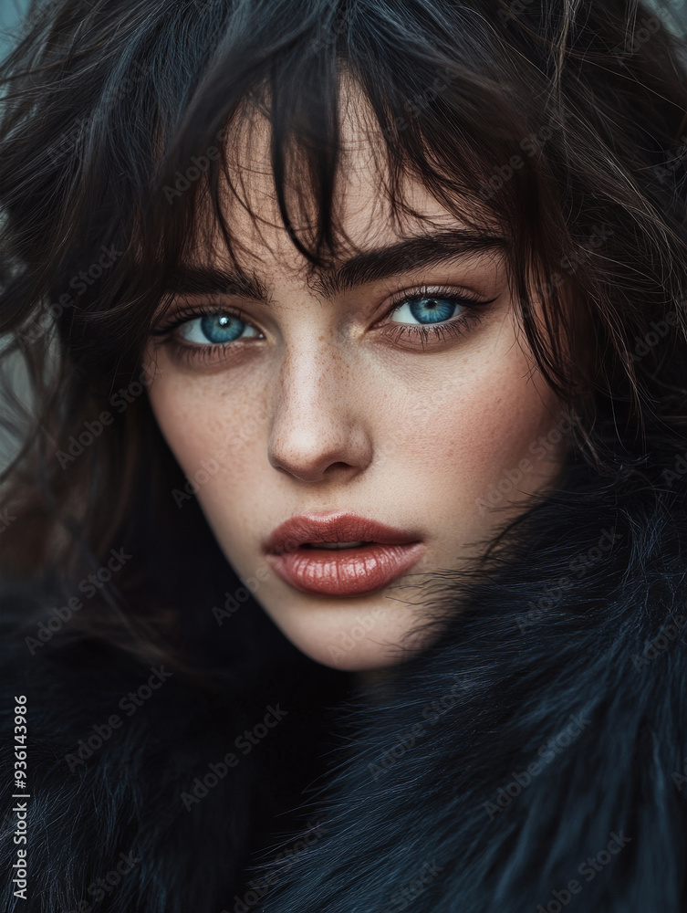 A close-up portrait of an edgy, beautiful model with wavy dark brown hair and blue eyes, wearing a black fur coat A close-up portrait of an edgy, beautiful model with wavy dark brown hair and blue eyes, wearing a black fur coat