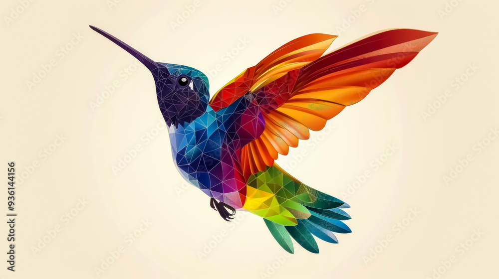 Obraz premium A vibrant hummingbird hovers gracefully with colorful feathers displayed against a soft background, showcasing nature's beauty and artistic design