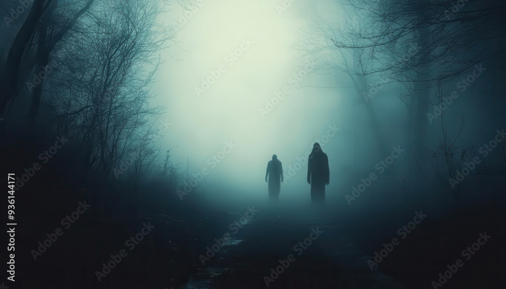Spooky Halloween night encounters with ghostly figures appearing in a dark, haunted house, Creepy, Cool Tones, Atmospheric