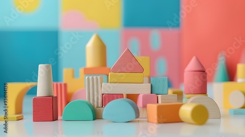 Wallpaper Mural Colorful wooden pieces of play set on white table indoor isolated on colorful background Torontodigital.ca