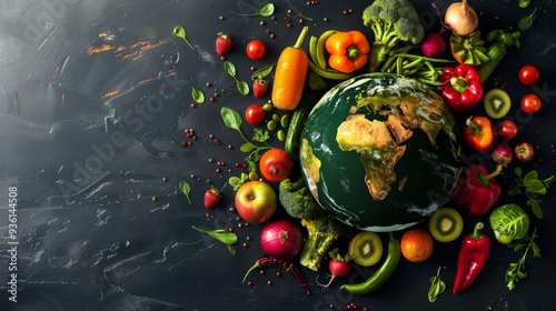 Conceptual globe made of assorted fruits and vegetables, healthy eating, sustainable food, global nutrition, earth-friendly diet