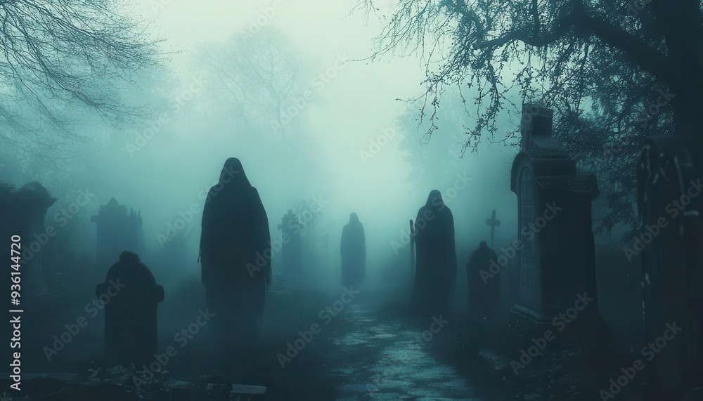 Spooky Halloween night ghostly encounters with ghostly figures drifting through a dark, foggy graveyard, Creepy, Cool Tones, Atmospheric Spooky Halloween night ghostly encounters with ghostly figures drifting through a dark, foggy graveyard, Creepy, Cool Tones, Atmospheric