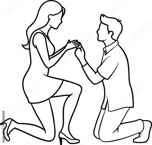 A man kneeling proposing to a womanline art illustration