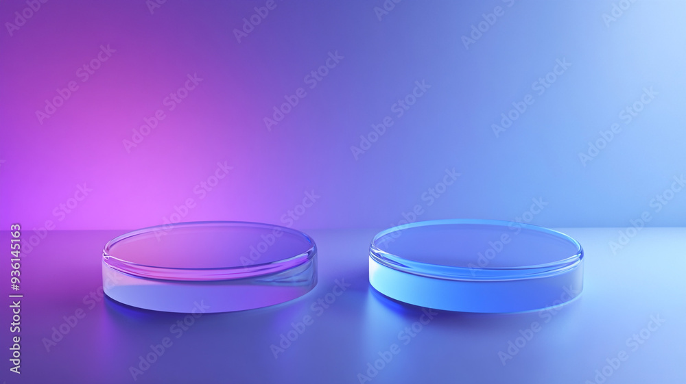 Two circular glass display stands illuminated in pink and blue light on a sleek countertop, creating a modern and vibrant visual effect Two circular glass display stands illuminated in pink and blue light on a sleek countertop, creating a modern and vibrant visual effect