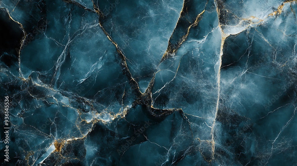 A close-up view of a teal marble surface with gold veins. A close-up view of a teal marble surface with gold veins.