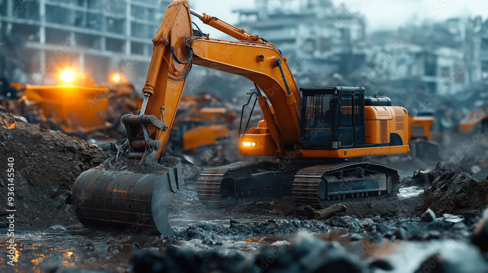 An excavator at a construction site, actively moving soil and rocks. The background includes other construction machinery and structures under development. An excavator at a construction site, actively moving soil and rocks. The background includes other construction machinery and structures under development.