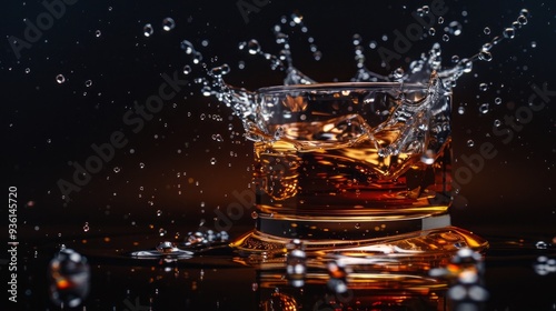 A tilted glass of whiskey spills spectacularly, creating a cascade of golden liquid and sparkling droplets that dance in the air against a deep, dark background