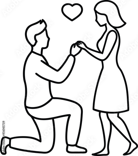 A man kneeling proposing to a womanline art illustration