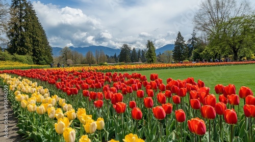 Colorful Tulip Field with Mountain Background