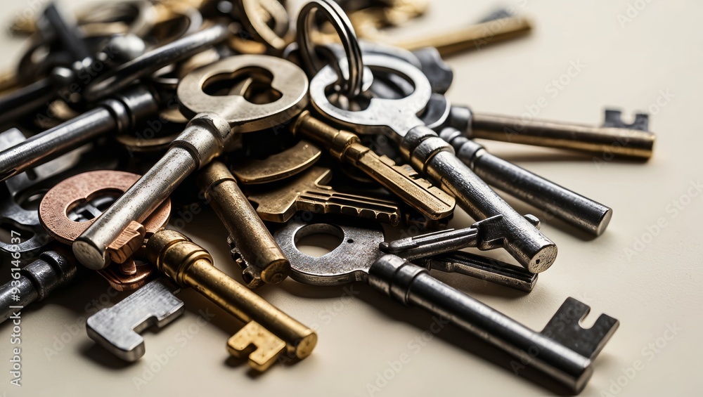 Various antique keys lie randomly on a smooth surface, displaying an array of shapes and colors Various antique keys lie randomly on a smooth surface, displaying an array of shapes and colors