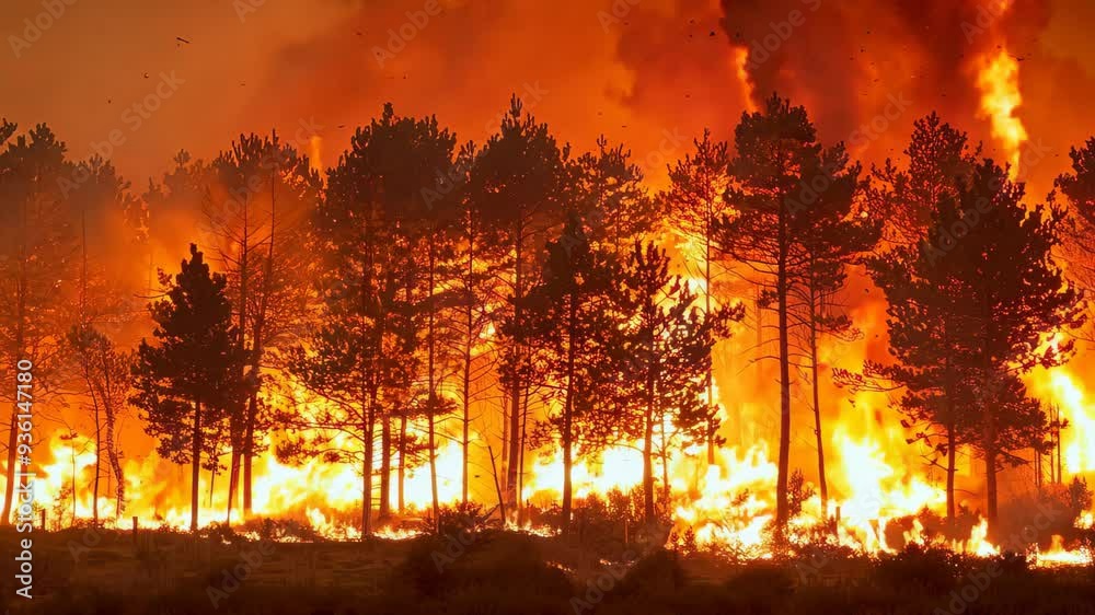 A large number of trees are engulfed in flames within the forest, creating a dramatic scene of destruction and highlighting the urgent need for environmental protection. A large number of trees are engulfed in flames within the forest, creating a dramatic scene of destruction and highlighting the urgent need for environmental protection.