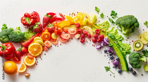 A vibrant display of fresh fruits and vegetables arranged in an arch formation, showcasing a variety of colors and textures against a simple backdrop, promoting healthy eating. photo