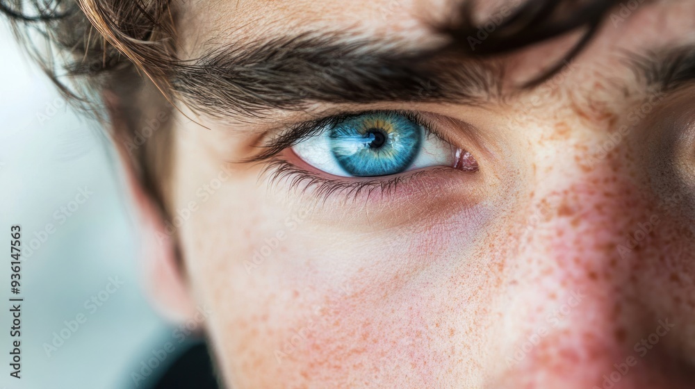 Fototapeta premium Close-up of a young man's piercing blue eye with freckles
