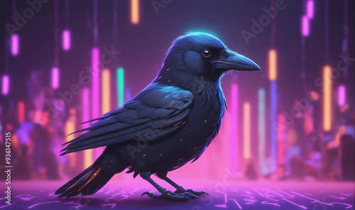 A black crow stands on a stage lit with colorful neon lights photo