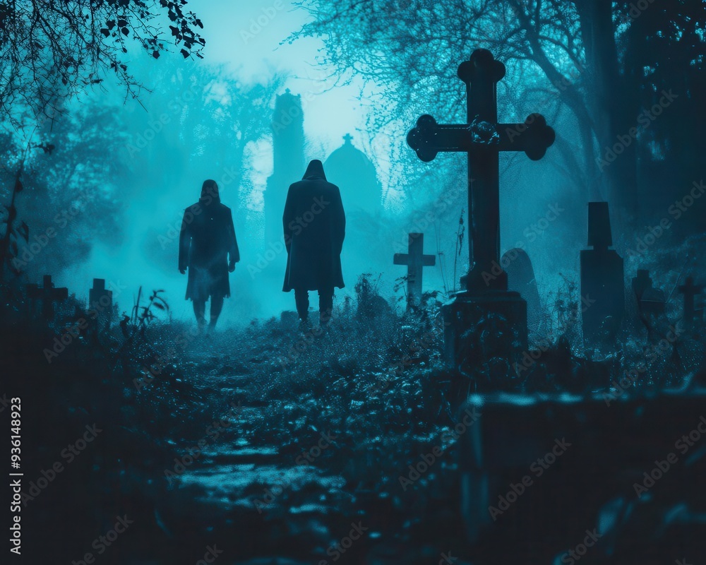 Spooky Halloween night specters drifting through a dark, foggy graveyard, captured in eerie lighting, Spooky, Cool Tones, Atmospheric Spooky Halloween night specters drifting through a dark, foggy graveyard, captured in eerie lighting, Spooky, Cool Tones, Atmospheric