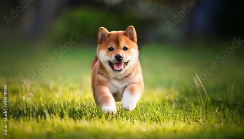 芝生の上を走っている柴犬の子犬（Shiba Inu puppy running on the grass） 