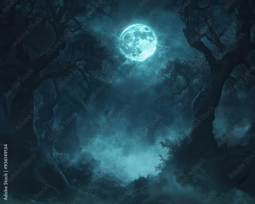 Obraz premium Spooky Halloween night spirits drifting through a dark forest, captured in eerie, low lighting, Spooky, Cool Tones, Atmospheric