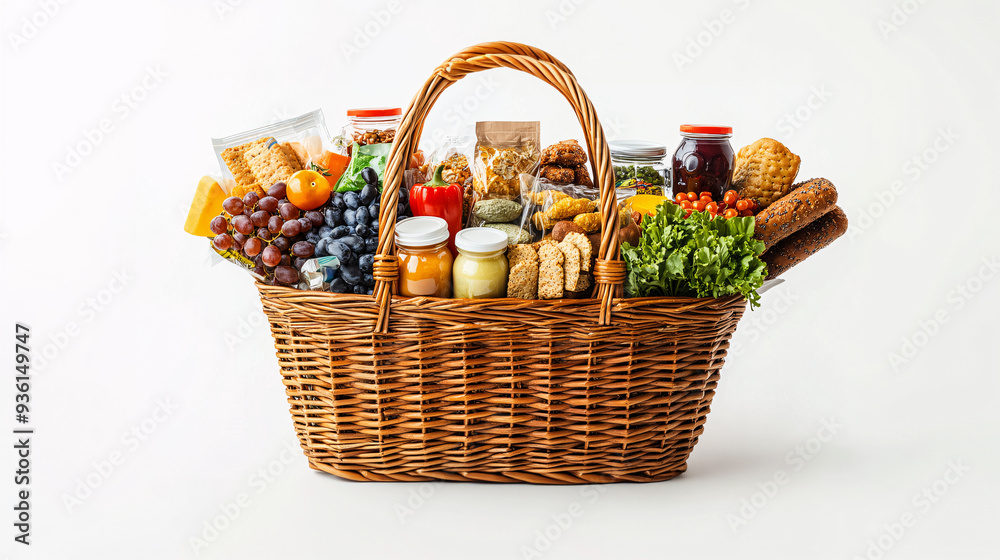 a completed shopping basket that full with organic food and elements a completed shopping basket that full with organic food and elements