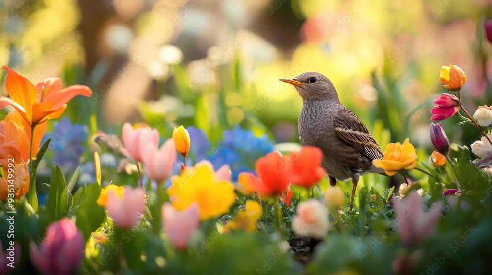 A bright orange and blue bird perched among a variety of vibrant spring flowers in a sunlit garden, creating a lively and cheerful scene... A bright orange and blue bird perched among a variety of vibrant spring flowers in a sunlit garden, creating a lively and cheerful scene...