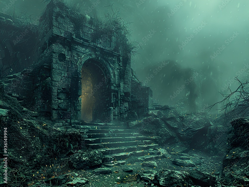 Mysterious Stone Archway in a Foggy Ruin Mysterious Stone Archway in a Foggy Ruin