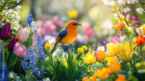 A bright orange and blue bird perched among a variety of vibrant spring flowers in a sunlit garden, creating a lively and cheerful scene...