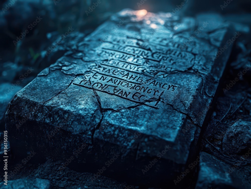 Obraz premium Spooky tombstone with a cracked surface and eerie inscriptions, glowing under the moonlight, Creepy, Cool Tones, Atmospheric