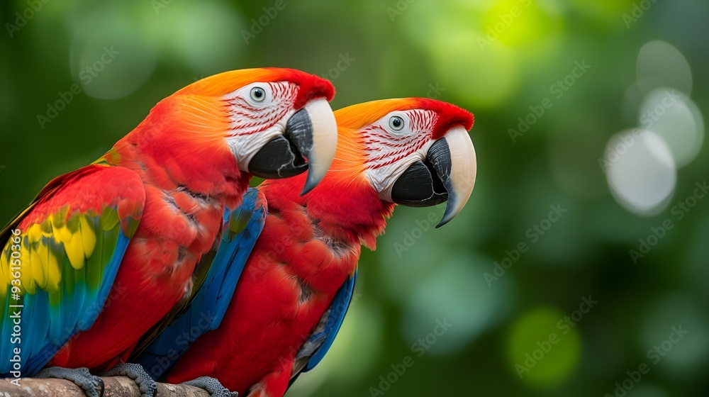 Macaws, perched on branches, tropical rainforest, bright plumage, vivid details Macaws, perched on branches, tropical rainforest, bright plumage, vivid details