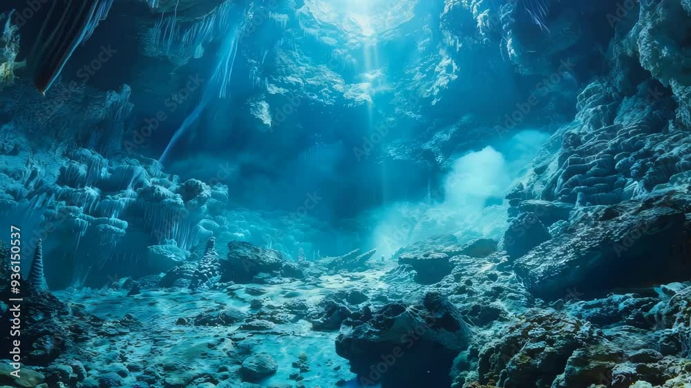 The interior of a cave showcases stunning rock formations, illuminated by natural light filtering through openings. Flowing water adds a serene ambiance to the scene. The interior of a cave showcases stunning rock formations, illuminated by natural light filtering through openings. Flowing water adds a serene ambiance to the scene.