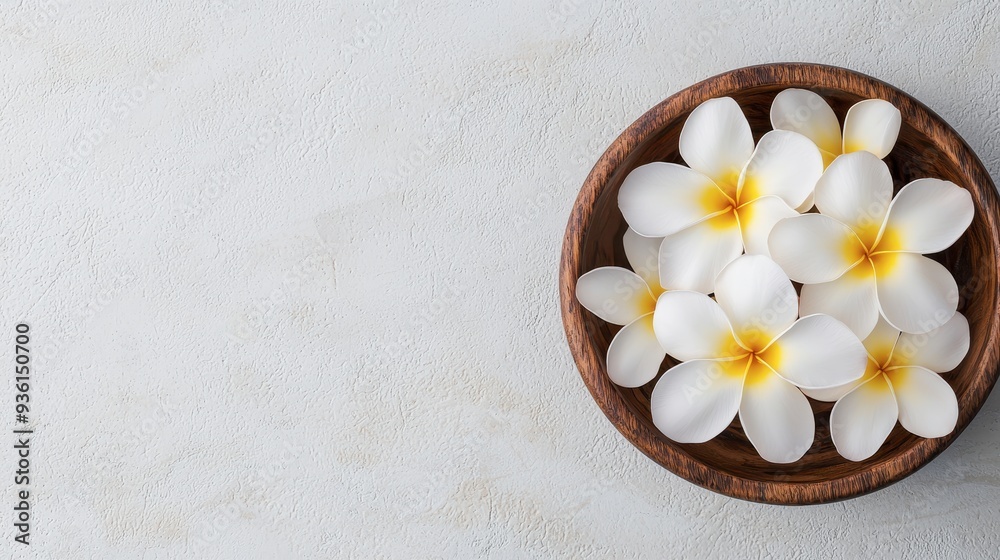 Top view of frangipani flowers in a wooden bowl on a textured surface, Tropical Zen, calming retreat
