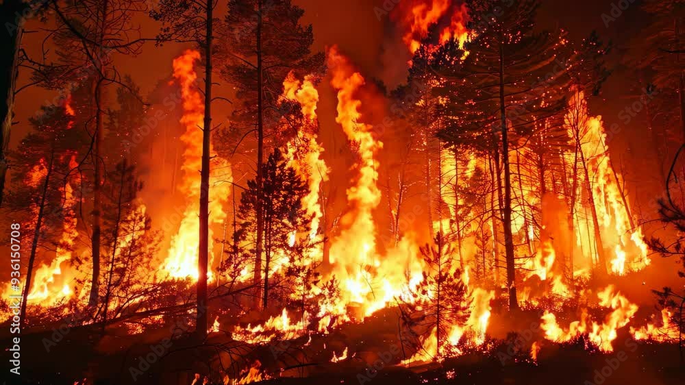 A fierce fire rages through the forest, consuming trees and wildlife in its path, creating a scene of devastation and highlighting the urgent need for environmental protection. A fierce fire rages through the forest, consuming trees and wildlife in its path, creating a scene of devastation and highlighting the urgent need for environmental protection.