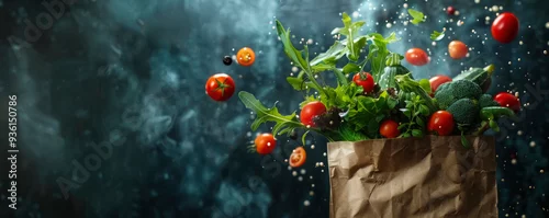 Obraz  z motywem Fresh vegetables and herbs overflowing from a brown paper bag on a dark textured background illuminated with scattered light with copy space. banner