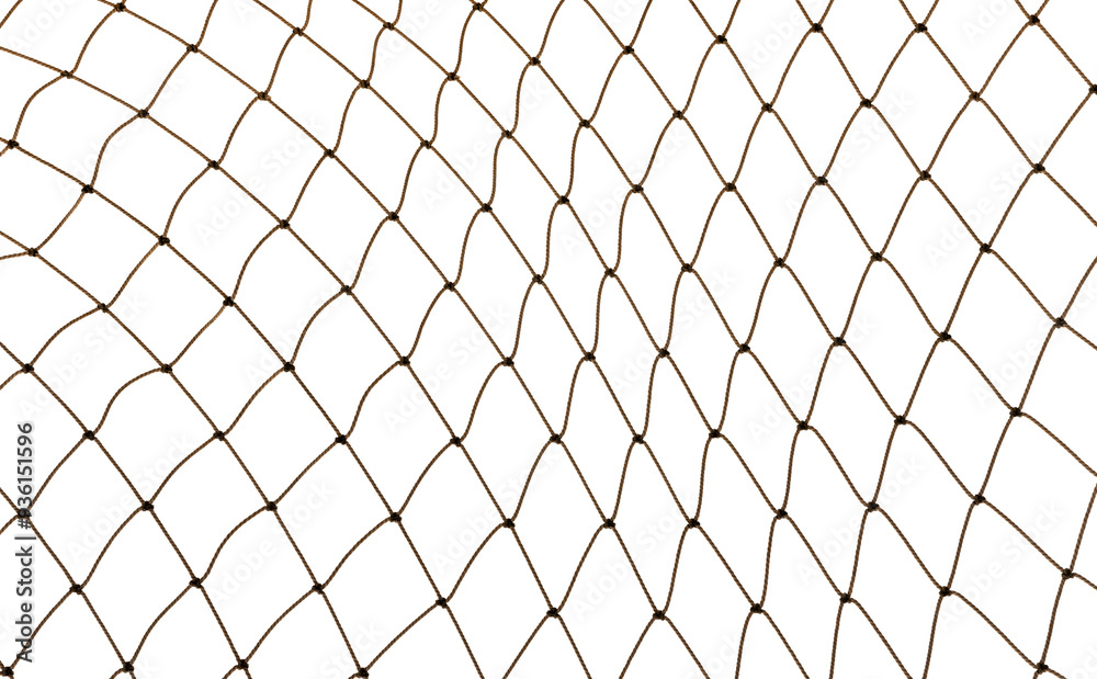 Torn Football or tennis net. Rope mesh on a white background close-up Torn Football or tennis net. Rope mesh on a white background close-up