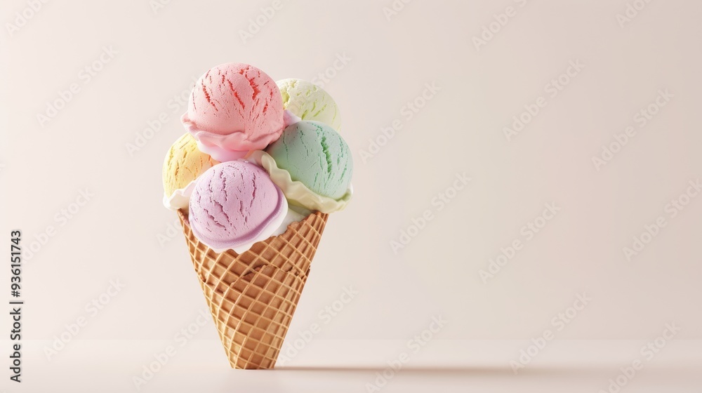 3D single icon of a waffle cone filled with colorful ice cream scoops, symbolizing a gourmet treat, isolated on a white background 3D single icon of a waffle cone filled with colorful ice cream scoops, symbolizing a gourmet treat, isolated on a white background