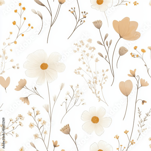 Seamless, Floral pattern, Hand-drawn flowers, Pastel colors, Minimalist design, Cute flowers, Soft colors, Simple drawing, White background, Negative space, Decorative design, Vector pattern