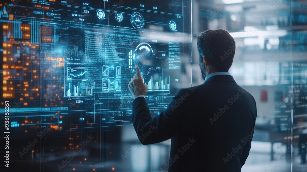A businessman interacts with a futuristic digital interface displaying data analytics and financial charts, symbolizing modern technology and business intelligence... A businessman interacts with a futuristic digital interface displaying data analytics and financial charts, symbolizing modern technology and business intelligence...