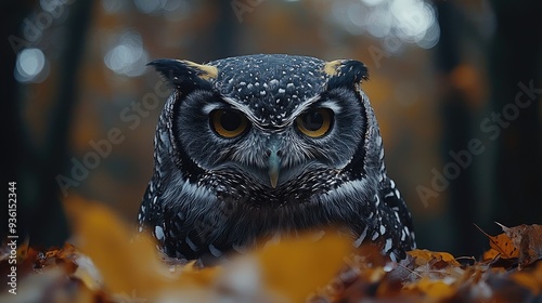 close up of Great Spotted Owl, dark grey, autumn leaves, majestic, detailed plumage, intense gaze, sharp talons, dark silhouette, Ultra Realistic, National Geographic, ARRIFLEX 35 BL Camera, Cannon K3 photo