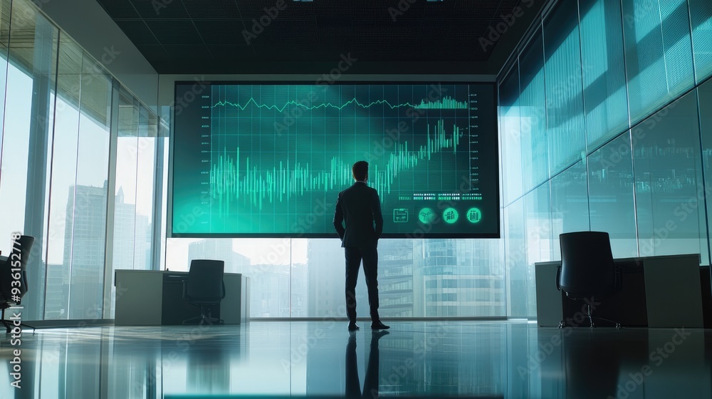 A business executive stands in a modern office, analyzing complex data displayed on a large digital screen with a cityscape view... A business executive stands in a modern office, analyzing complex data displayed on a large digital screen with a cityscape view...