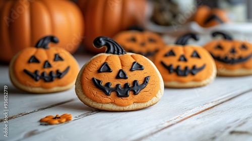 Halloween pumpkin cookies close up, Halloween party sweets