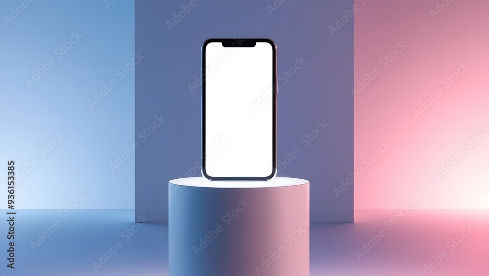 Modern Smartphone on Cylindrical Pedestal with Gradient Background Modern Smartphone on Cylindrical Pedestal with Gradient Background