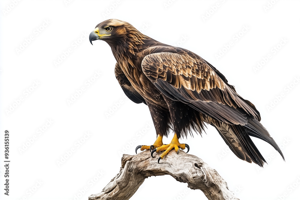 An single golden eagle perched on a white background An single golden eagle perched on a white background
