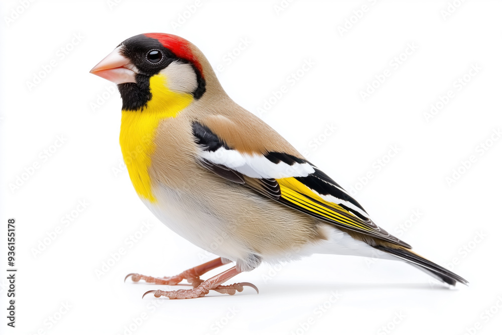 Fototapeta premium Isolated goldfinch sitting on a perch against a white backdrop