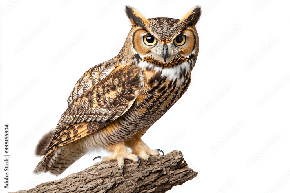 Isolated great horned owl sitting on a white background Isolated great horned owl sitting on a white background