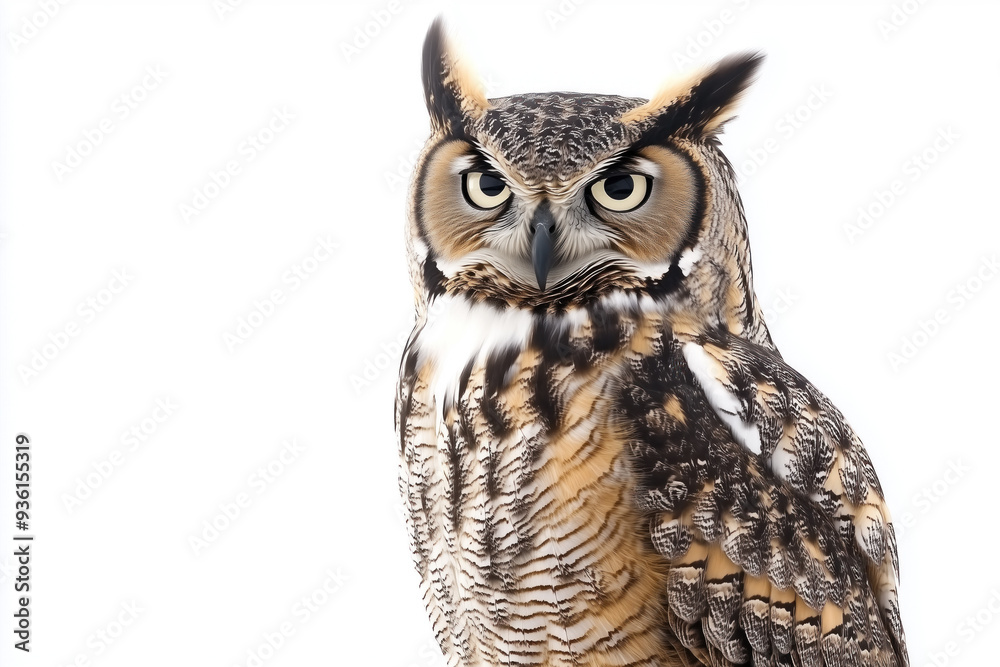 Fototapeta premium Isolated great horned owl perched on white background