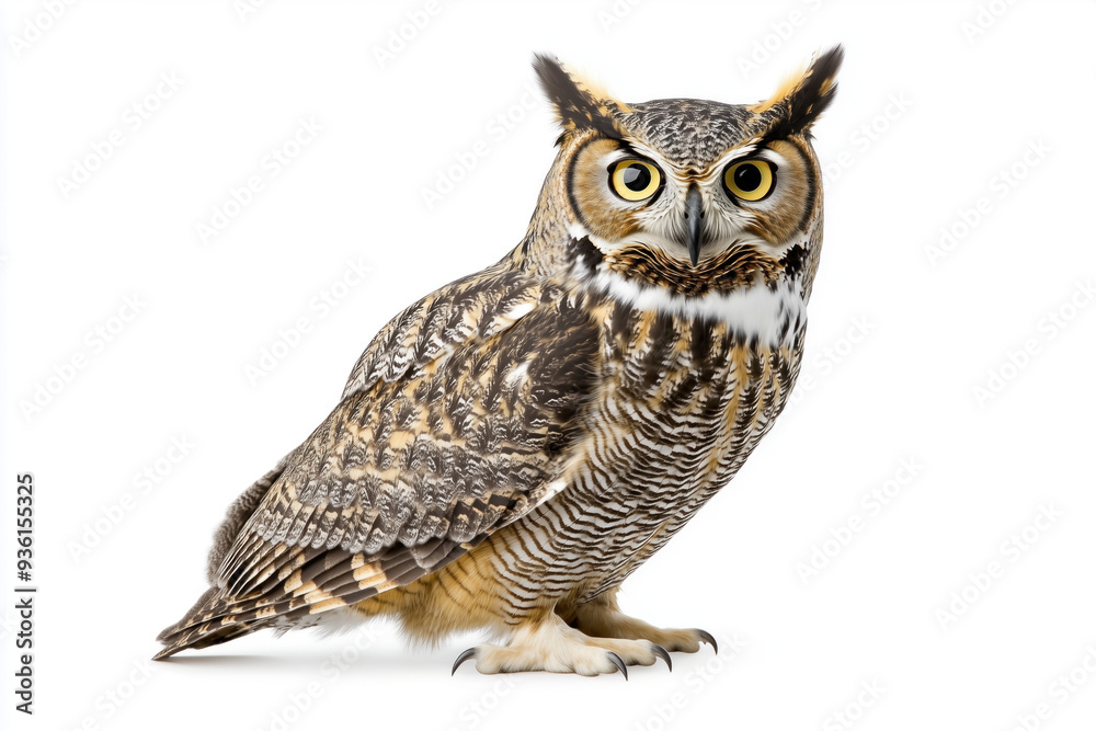 Obraz premium White background with a great horned owl perched