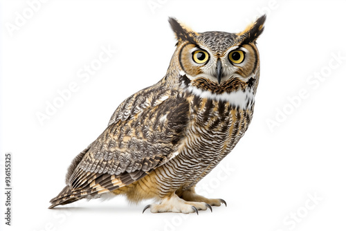 White background with a great horned owl perched