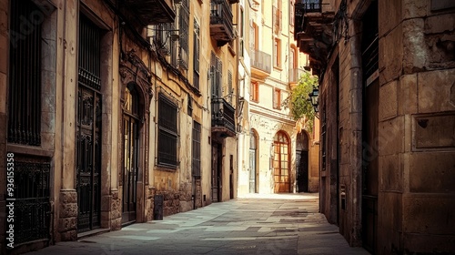A vibrant city street lined with historic buildings featuring classical architecture, under a bright blue sky with fluffy clouds...